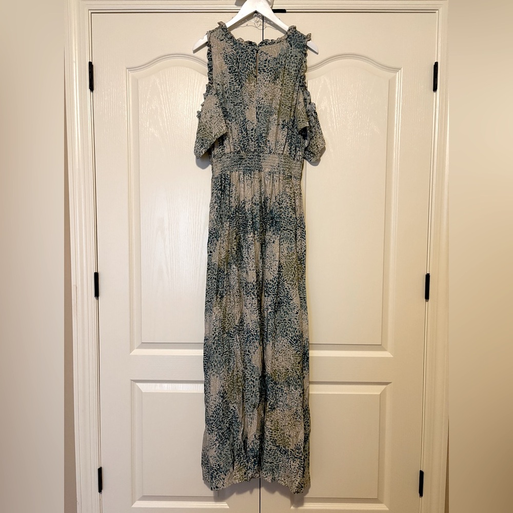Kiyonna Athena Cold Shoulder Maxi Dress Eucalyptus Leaf Print